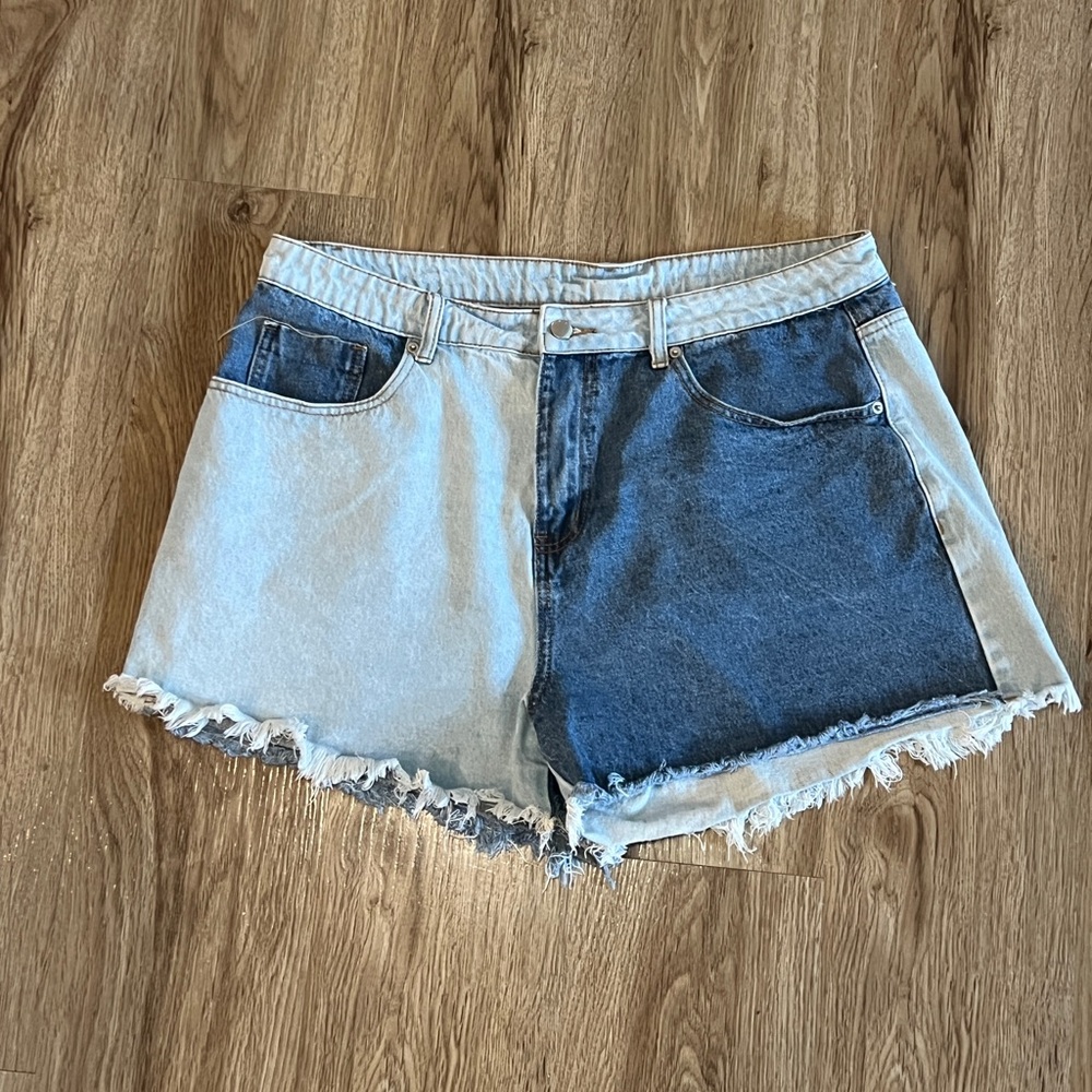 Blue Denim Jean Shorts Distressed Hem With Colorblock